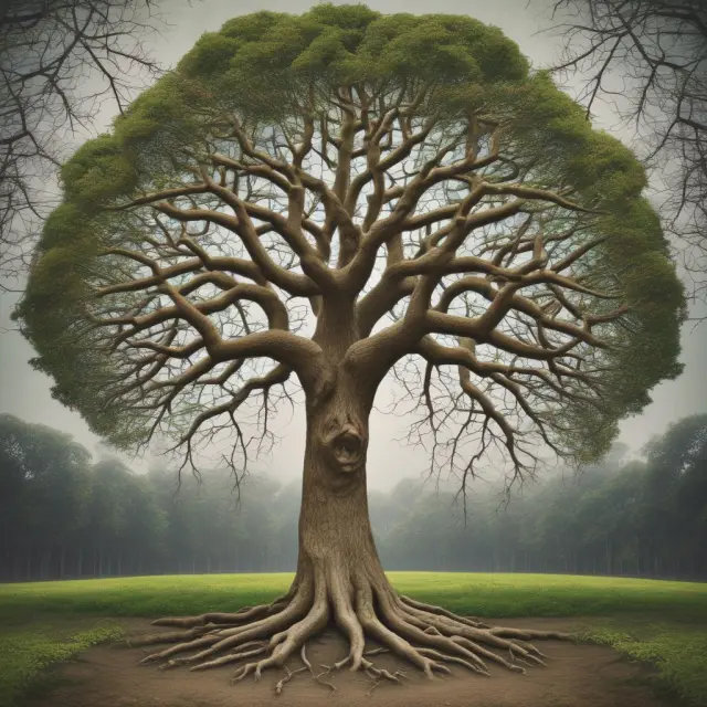 An image of a tree with branches representing economic growth and environmental sustainability, growing separately but interconnected, symbolizing decoupling for sustainable development