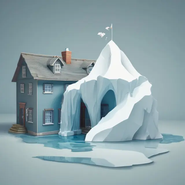 An image of a decreasing term insurance policy illustrated as an iceberg melting with a mortgage-shaped base to represent the declining death benefit.