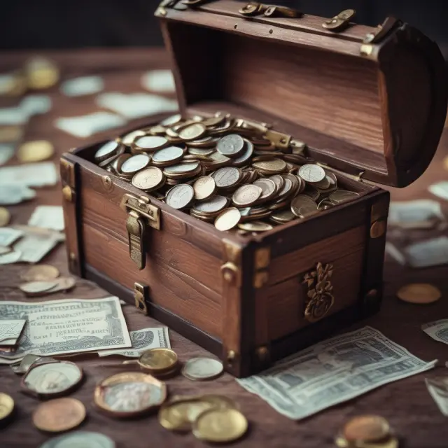 Treasure chest filled with coins and papers representing common tax deductions: mortgage, retirement, student loans, charity, healthcare expenses, and gambling losses.