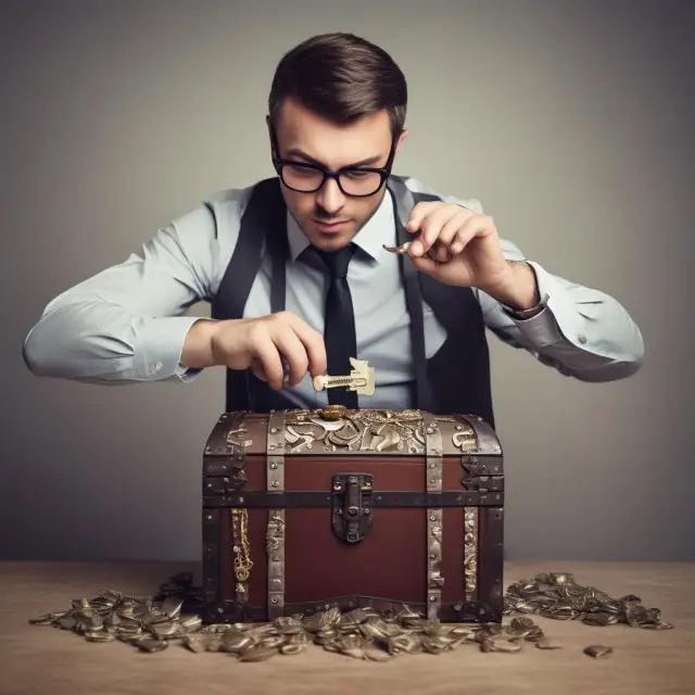 Business owner holding open a treasure chest filled with gold coins and various business expense categories, illustrating tax savings