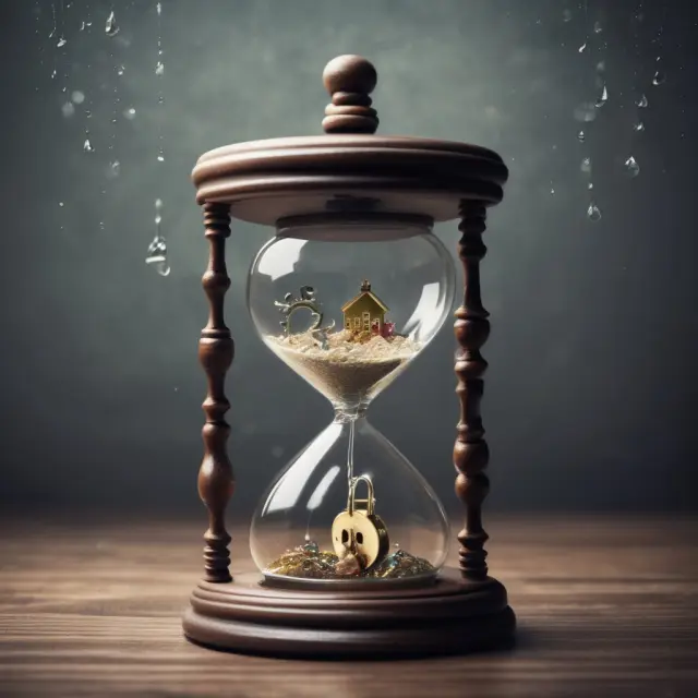 An image of a lender releasing ownership of a property through a deed of reconveyance, symbolized by a key turning in a lock, with raindrops representing mortgage loan payments filling an hourglass.