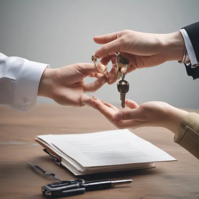 Lender hands the borrower a key and a deed of reconveyance, symbolizing mortgage loan repayment and property ownership transfer.