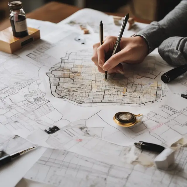 Image of a notary public sealing a map showing property details while the grantor and grantee sign the deed above.