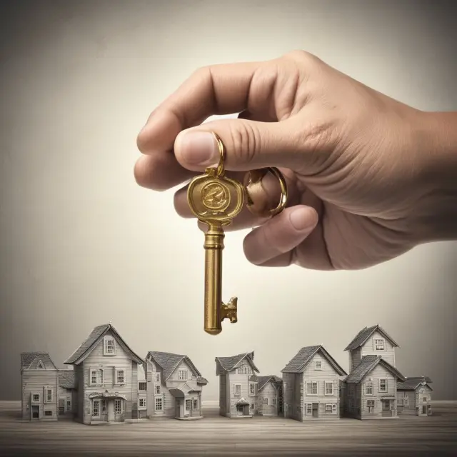 A golden key being passed through hands over a timeline, illustrating the process of transferring property ownership through deeds