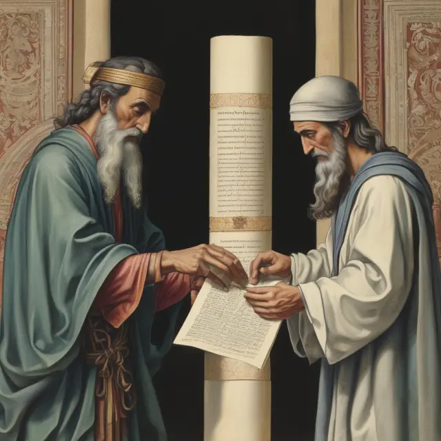 Two figures exchange legally bound scrolls to represent a deed transfer between them.