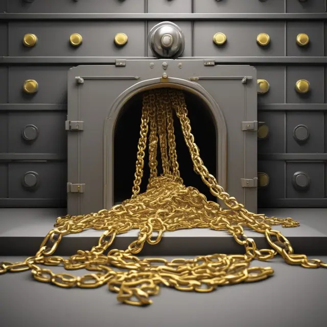 FDIC vault releasing golden chains: An illustration of the Federal Deposit Insurance Corporation facilitating the process of obtaining a deed of release for mortgage obligations.
