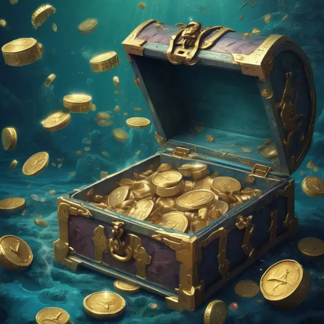 Underwater treasure chest overflowing with call options deep in the money, symbolizing significant intrinsic value and potential profits