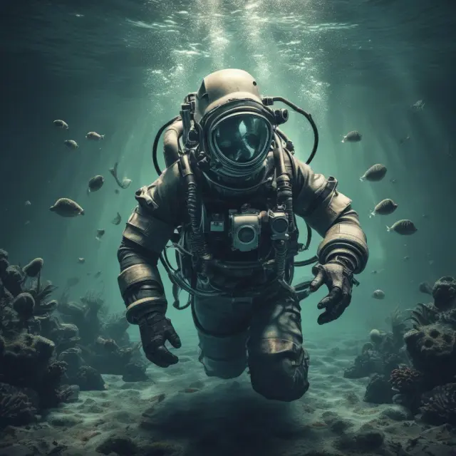 Diver examines options underwater, balance between capital outlay and deep sea risks symbolizing advantages and disadvantages of deep in the money options