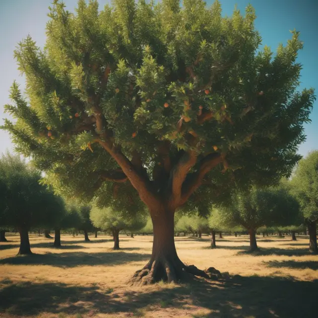 A flourishing orchard representing a deep-in-the-money call option with the stock price as its fruitful tree, strike price as roots, and delta as the tree
