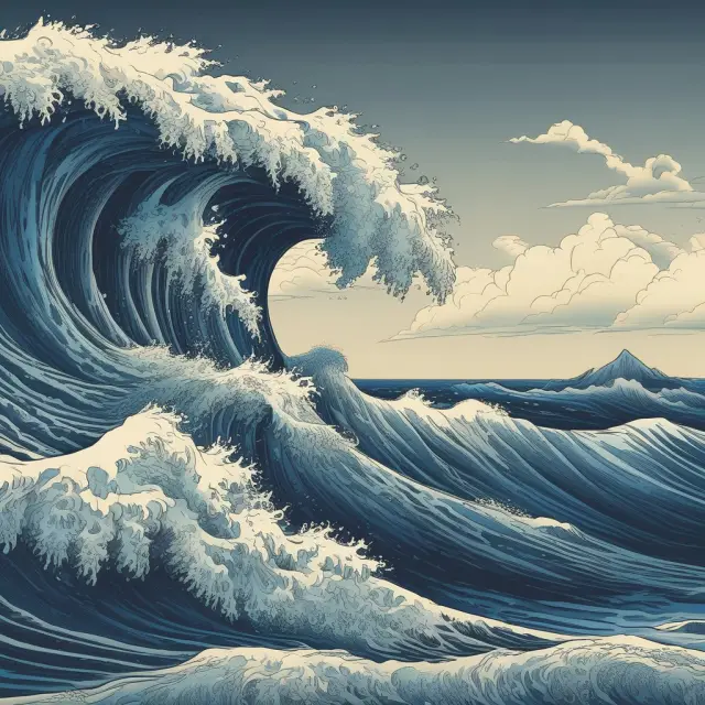 A deep blue ocean wave carrying a call option with a delta of 1.00 (maximum value), reflecting deep in the money options and their strong link to underlying assets
