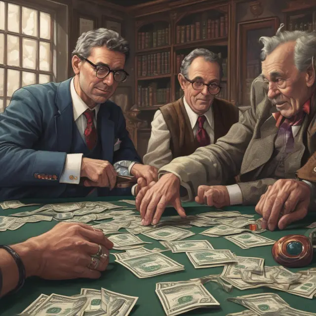 A vivid scene of deep in the money options represented as precious gemstones, with traders skillfully creating call and put hand arbitrage spreads.