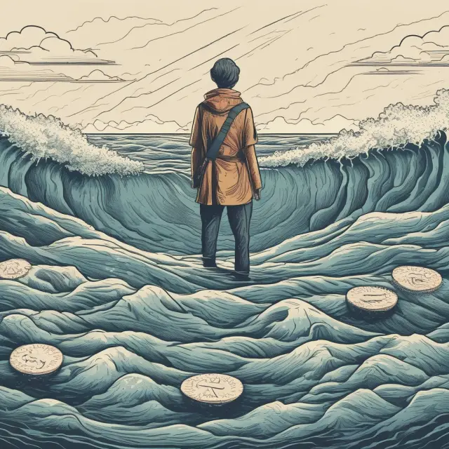 A person struggling under a sea of student loans that threaten to engulf them, highlighting the challenges faced by those who default on their educational debt
