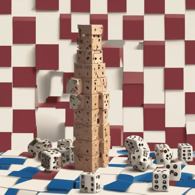 Dice tower releasing dominos symbolizing significant historical debt defaults and their far-reaching consequences