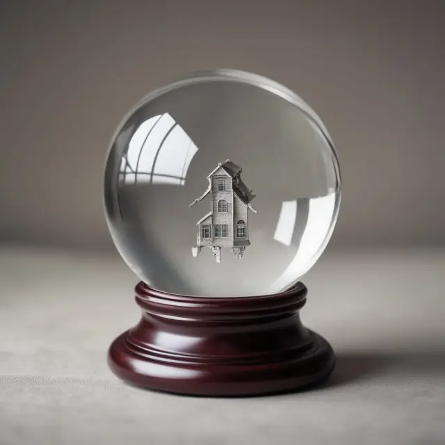 A judge meticulously scrutinizing various economic indicators within a crystal ball to assess borrowers