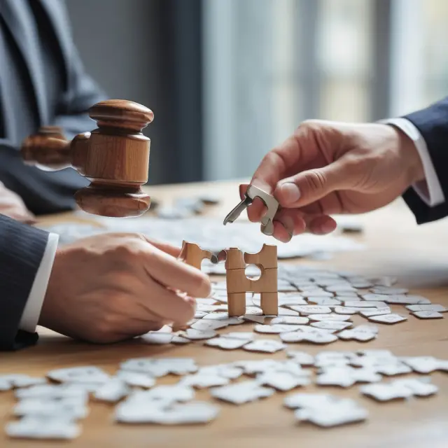 A lawyer and financial expert collaborating on a table, meticulously piecing together a puzzle of various securities to create a defeasance trust