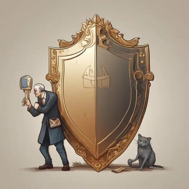 Borrower presenting a golden shield of securities to a lender, symbolizing the protective role of defeasance clauses in debt repayments