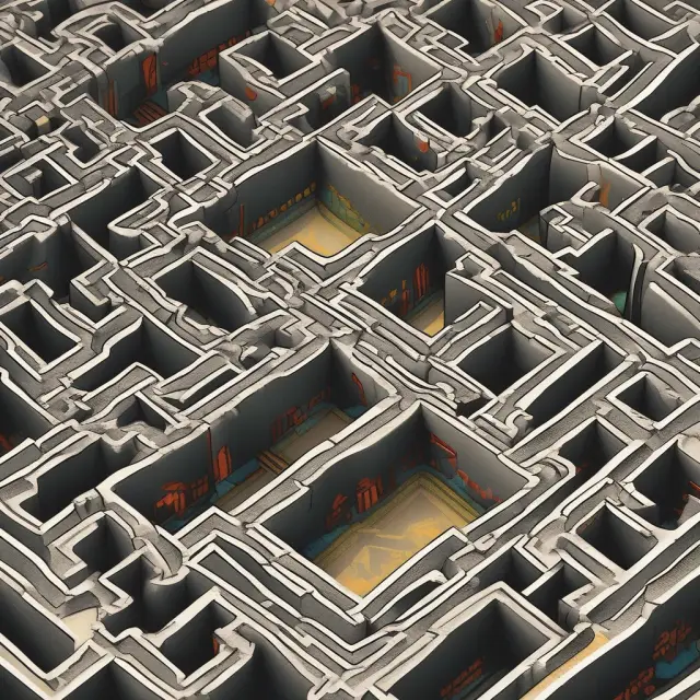 An intricate maze symbolizes the defeasance process, with its complexities and costs represented by dead ends and obstacles.