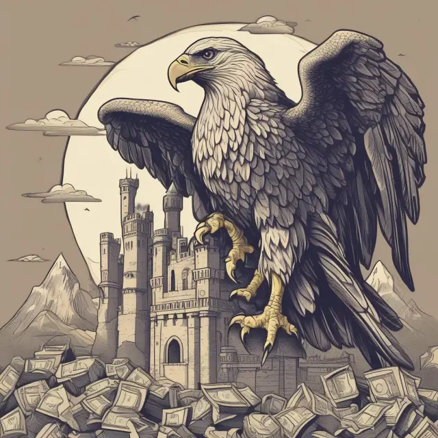 An eagle as a financial guardian protectively perches over a castle formed by daily expenses, illustrating the Defensive Interval Ratio
