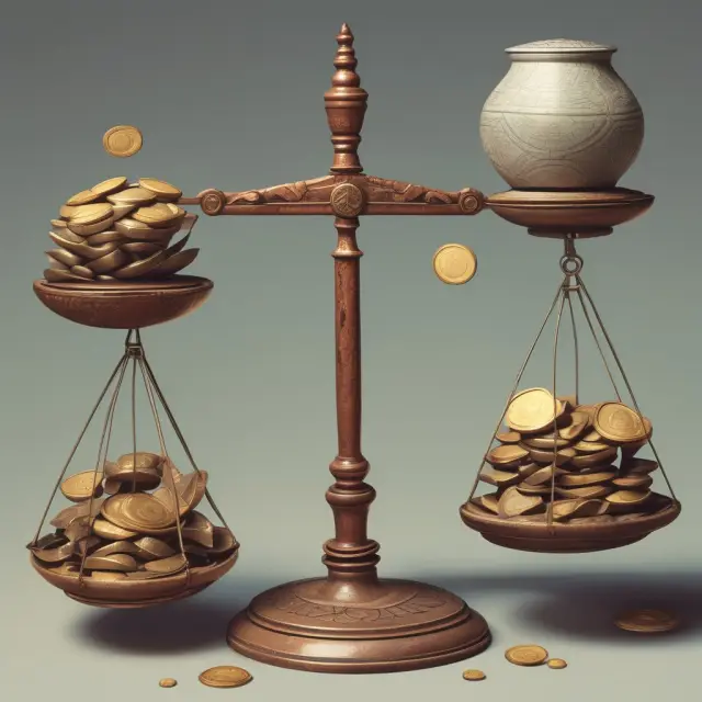 Ancient scales representing DIR with current assets on one side and daily expenses on the other; some coins move freely, while others struggle to slide off