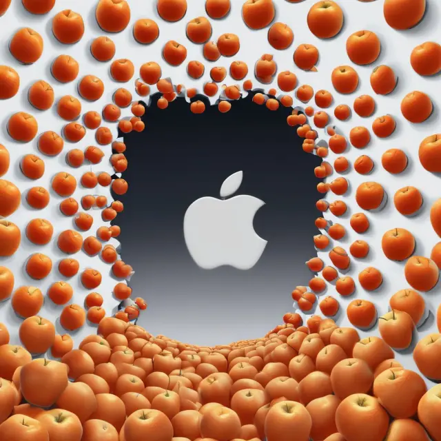 An arrangement of apples, oranges, and Microsoft symbols suspended in a liquid pool, symbolizing companies