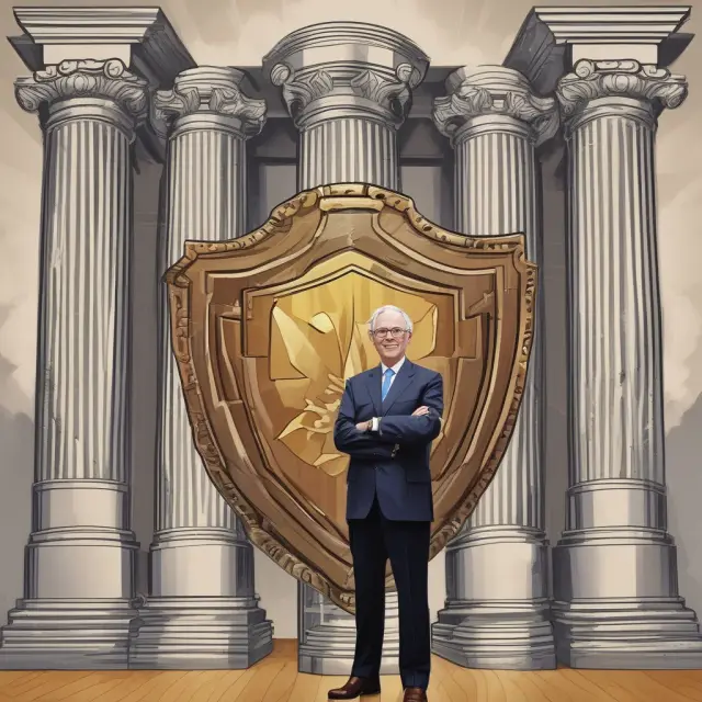 Warren Buffett holding a shield, with defensive stocks represented by stable pillars