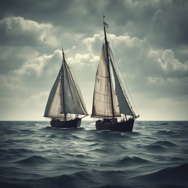 A sailboat navigating rough seas with a stable, anchored boat nearby representing defensive stocks providing stability during market instability