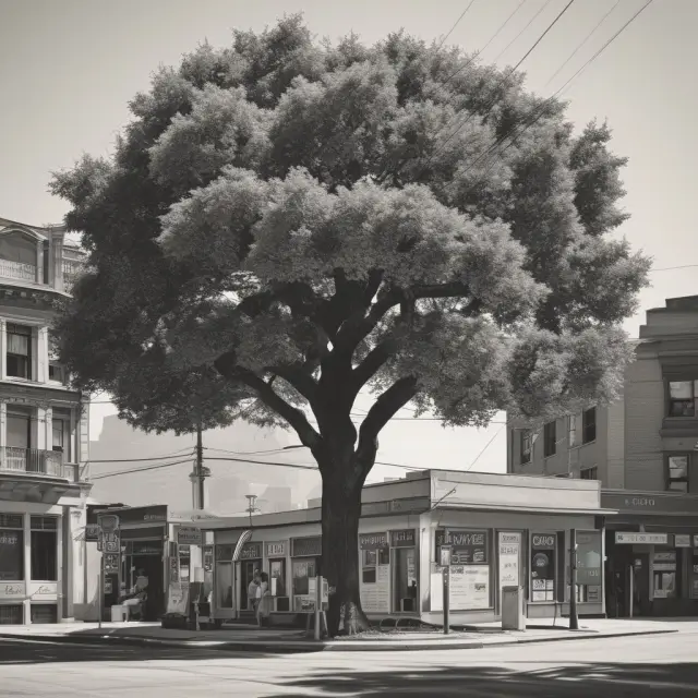 A utility tree with steady roots and branches offering shelter during market volatility, symbolizing consistent returns from defensive stocks
