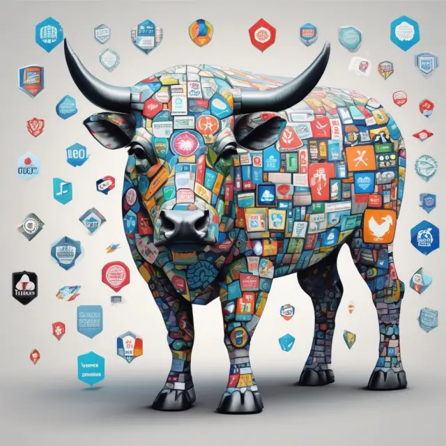 A resilient bull holding a shield adorned with healthcare company logos, representing defensive healthcare stocks