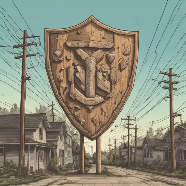 Image: A protective shield crafted from essential consumer goods, healthcare items, utility towers, and real estate structures, representing defensive stocks in a balanced investment portfolio.