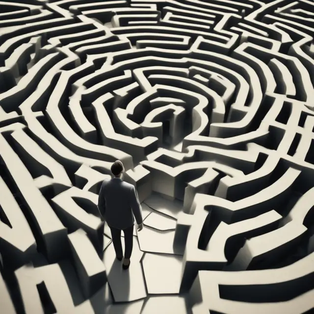 A person wearing a backpack and holding a map navigates through a maze, encountering various loan signposts labeled 