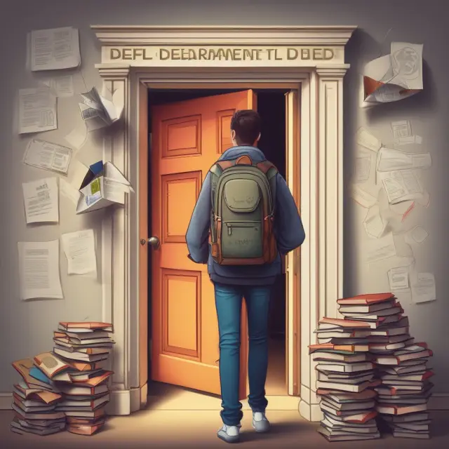 A student contemplating before two doors, one labeled 