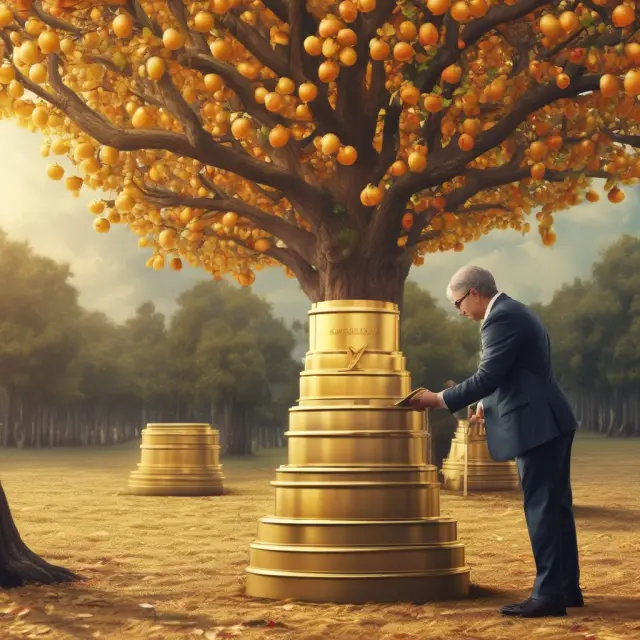 A golden executive hand picks ripe pension fruit from a towering stack of 401(k) barrels while considering stock option trees