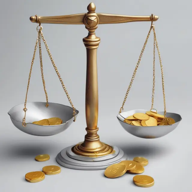 Scale comparing gold (advantages) and silver (disadvantages) coins in a deferred compensation context, emphasizing its pros and cons