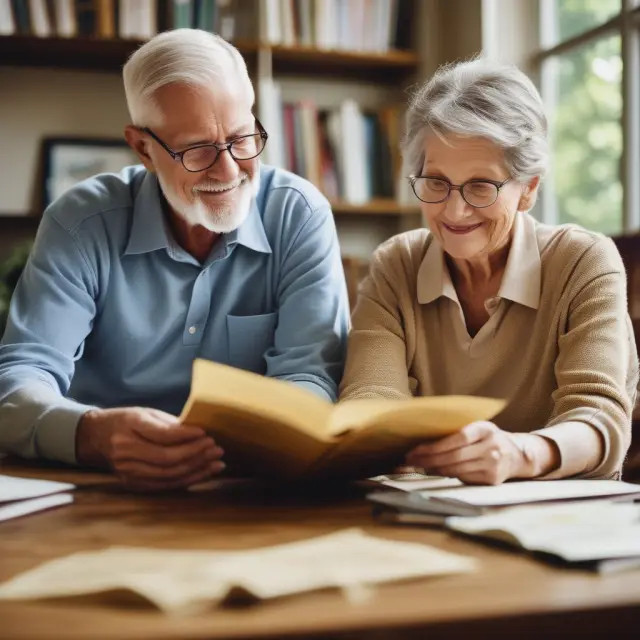 Golden books symbolizing annuities and mutual funds on a table between an elderly couple, illustrating retirement planning and informed choices.
