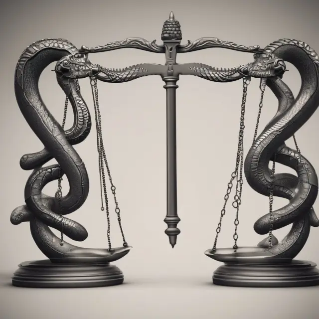 Intertwined serpents symbolizing GAAP and IRS balancing a scale representing Deferred Income Tax
