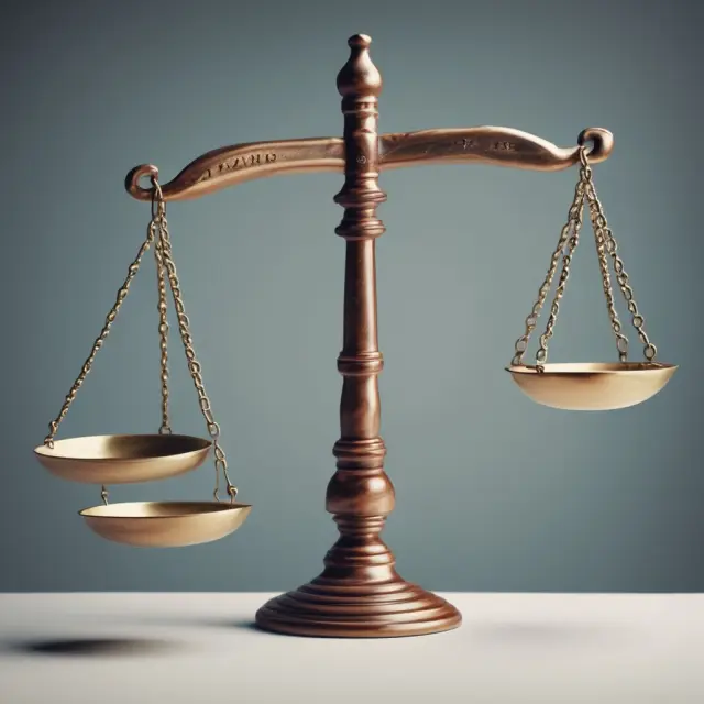 A balanced set of scales with one pan labeled 