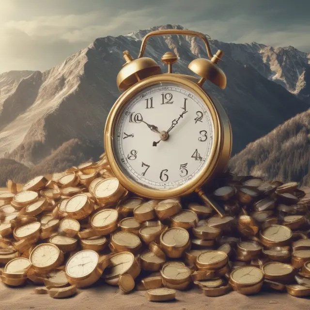 A golden clock ticking ominously over a towering pile of merchandise, emphasizing the urgency to repay deferred interest loans before accrued fees and interest charges take effect
