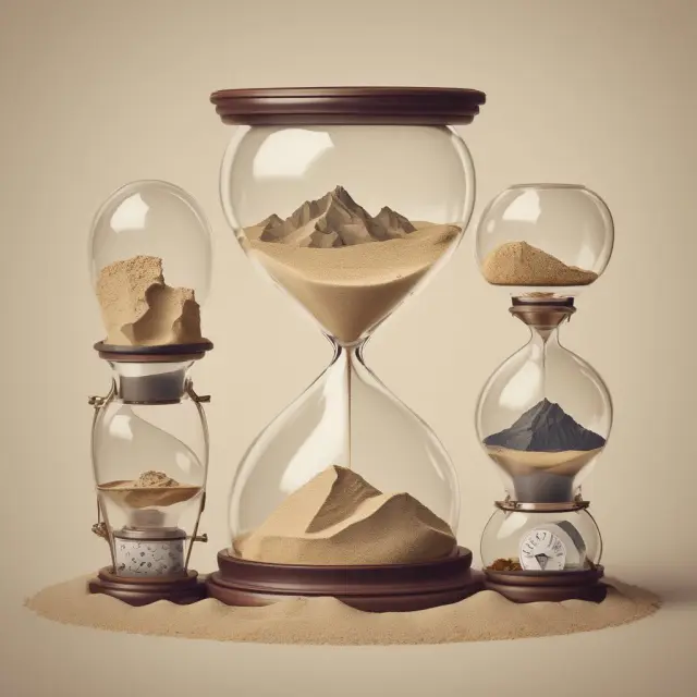 An array of clocks representing credit card offers with deferred interest periods. One hourglass fills with sand, revealing a mounting debt