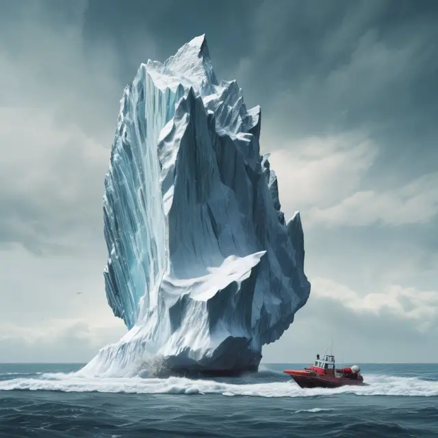 An iceberg with debt-laden blocks growing larger as the tip melts, representing increasing debt burdens from negative amortization loans. Financial stability is at risk.