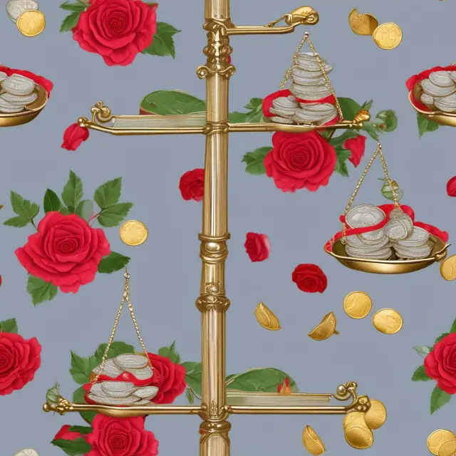 Scales with roses (representing assets) and coins (signifying liabilities), demonstrating financial balance and ratio calculations