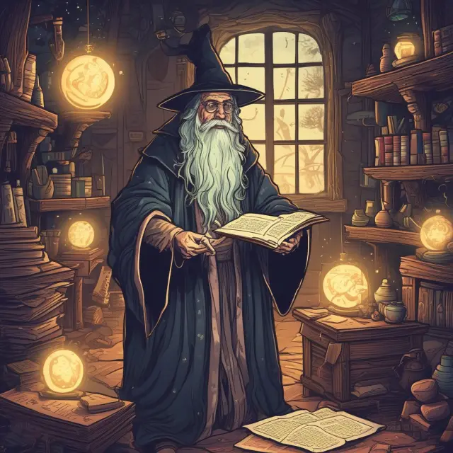 Accounting wizard creating a balance sheet with deferred tax liabilities represented as glowing orbs