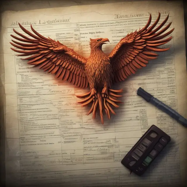 An accounting phoenix emerging from a tax ledger with an incomplete dollar sign, symbolizing the calculation of deferred tax liabilities