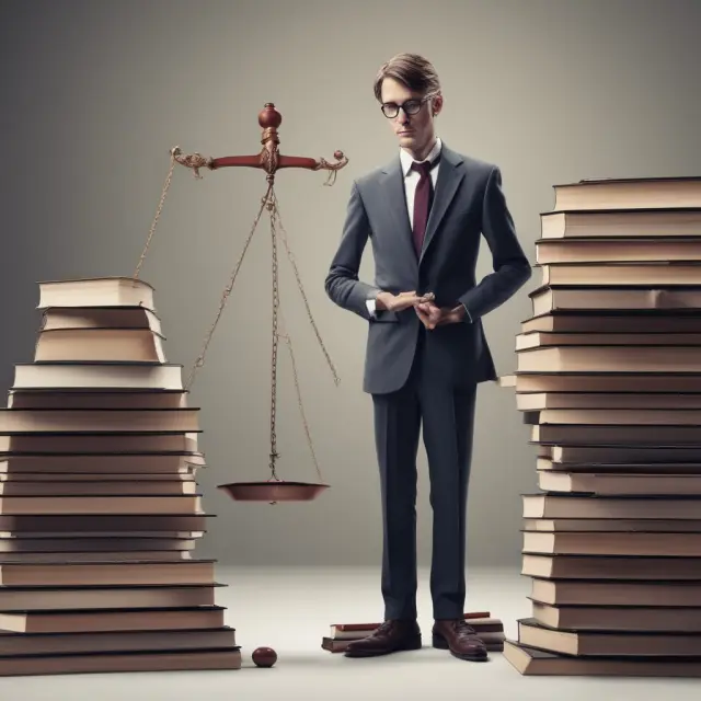 A taxman stands next to a balance scale with piles of books representing deferred tax liabilities.