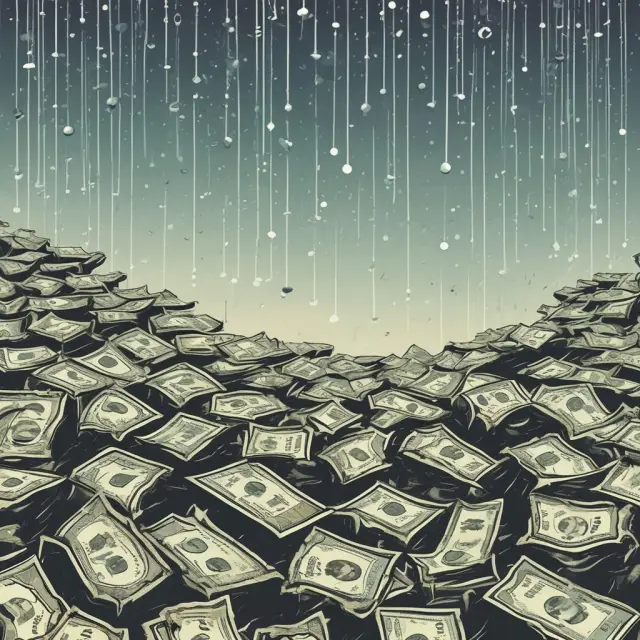 A gentle rain of currencies nurtures an economic landscape, illustrating Modern Monetary Theory