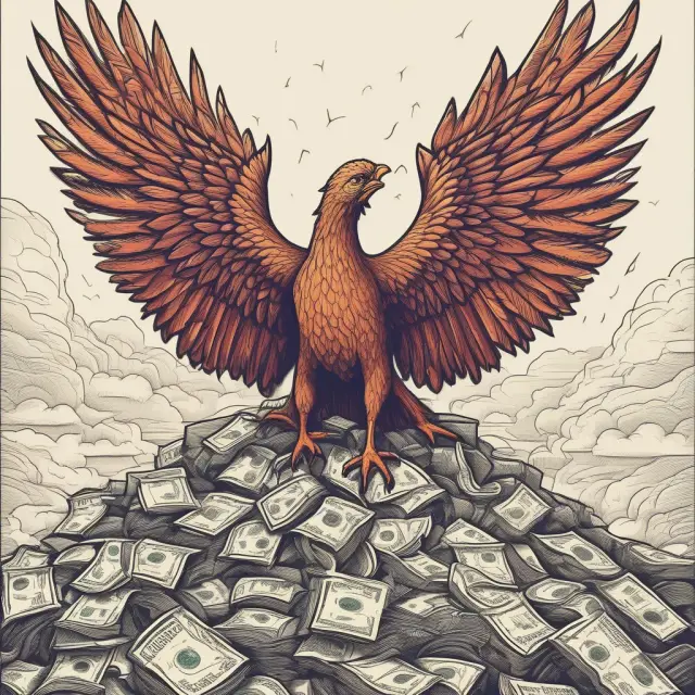 An image of a Phoenix rising from a mound of gold coins and dollar bills, representing the economic benefits of intentional deficit spending.