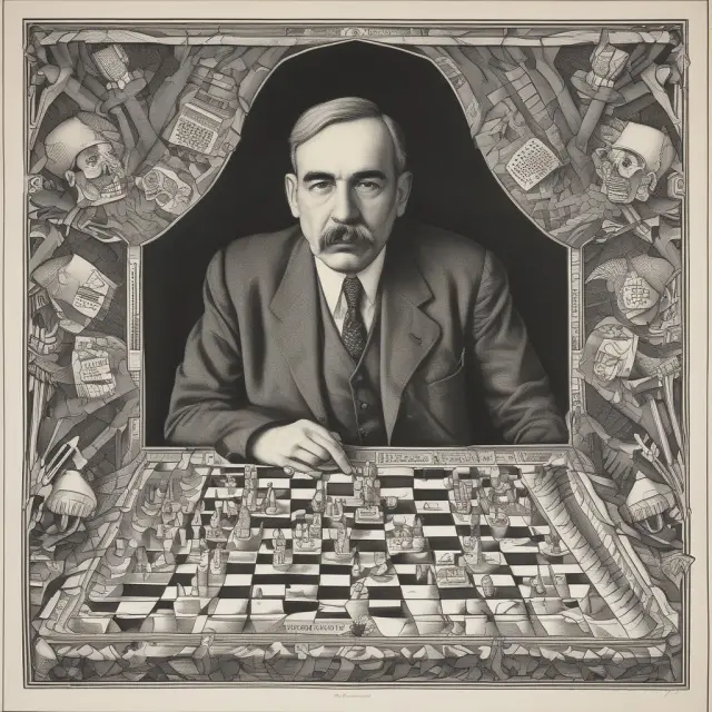 An image of John Maynard Keynes sowing financial seeds, symbolizing deficit spending on an economic chessboard