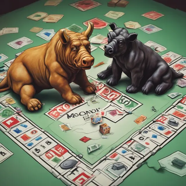 Bull and bear playing Monopoly, representing budget and trade deficits in a global economy context