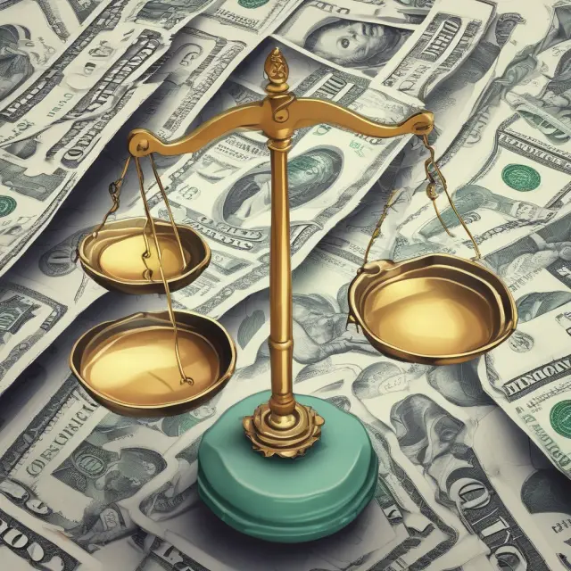 A set of scales balanced on an outstretched hand depicts economic growth on one side and public debt, represented by a dollar coin, on the other.