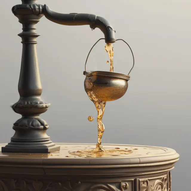 A golden coin dripping water into an emptying urn, representing a deficit spending unit.