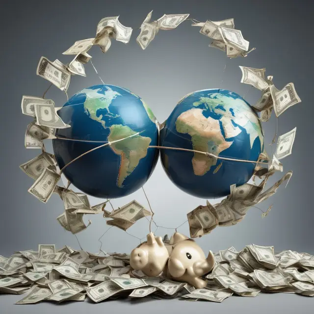 Two interconnected globes exchange currencies, representing the impact on international trade balance